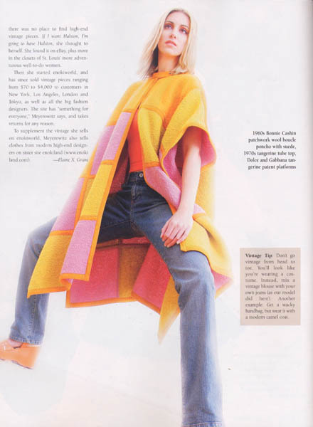 bonnie cashin patchwork wool boucle poncho worn with angie's own jeans and dolce and gabbana platform patent sandals.
