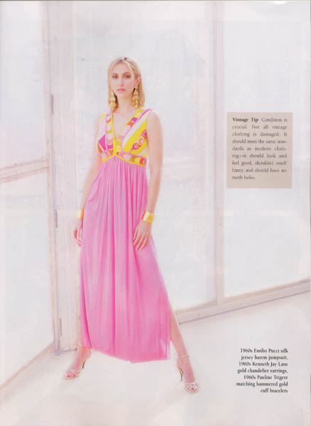 emilio pucci printed silk jersey genie dress with matching pauline trigere hammered cuff bracelets and kenneth jay lane chandelier earrings.
